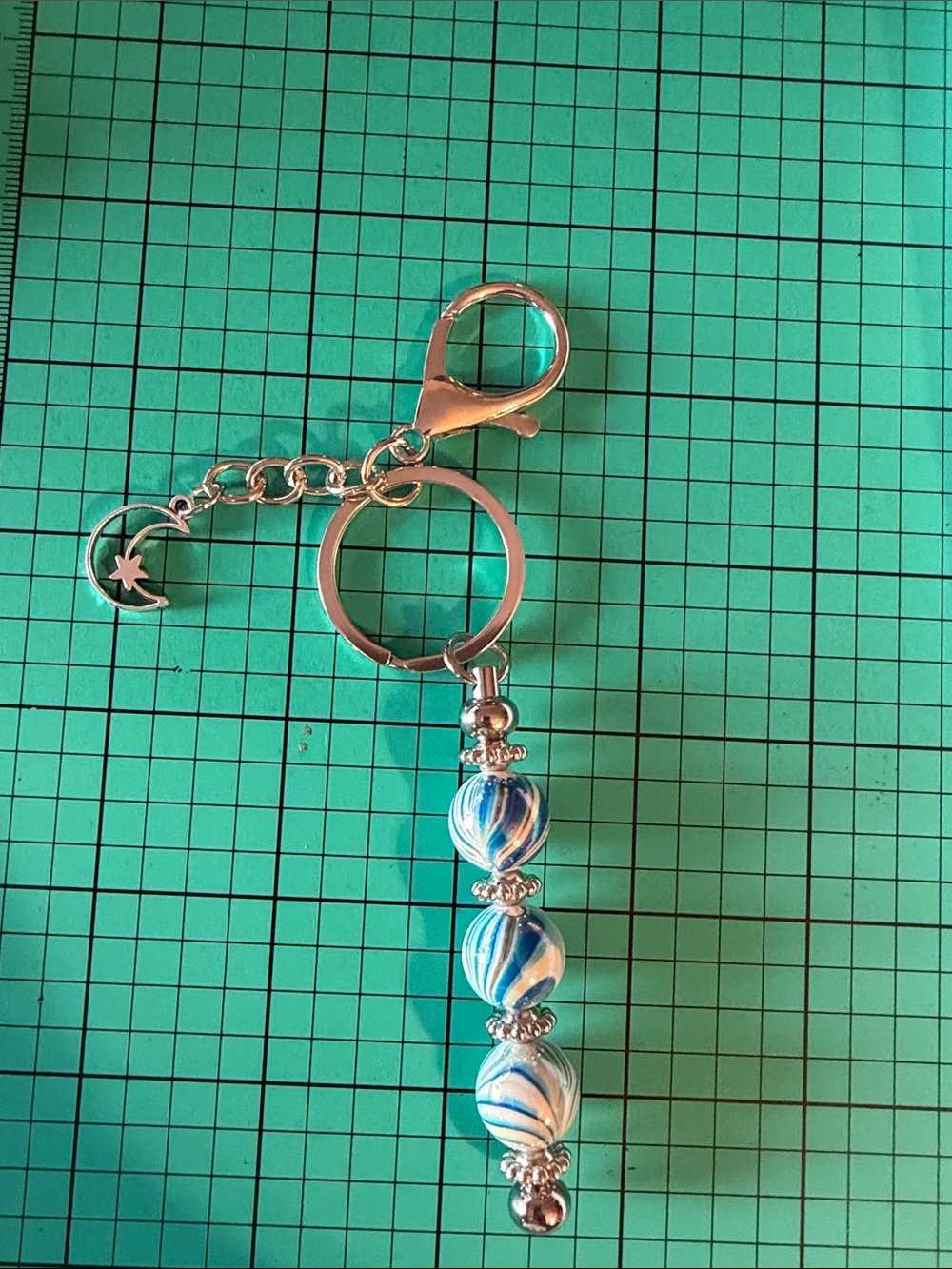 Silver Keychain with Blue & White Swirl Beads